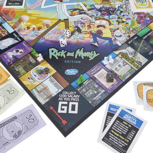 Vista 5 de Hasbro Gaming Monopoly: Rick and Morty Edition Juego de mesa, juego de red de dibujos animados para familias y adolescentes mayores de 17 años