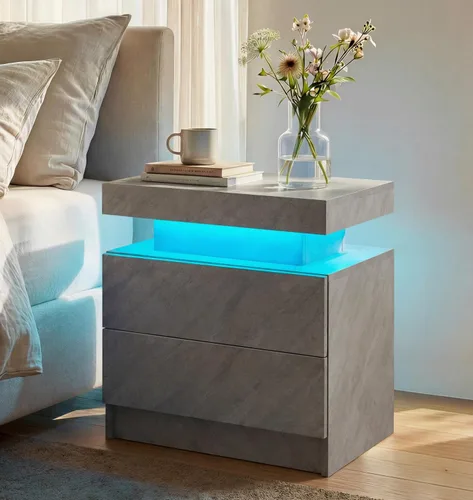 Vista 12 de Generic Juego de 2 Mesitas de noche con 2 cajones, mesa de noche con cajones para muebles de dormitorio, mesa auxiliar con luz LED, color negro