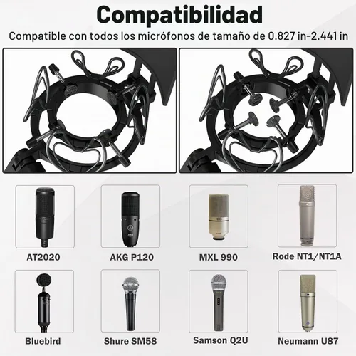 Vista 2 de Soporte universal para micrófono con filtro pop para todos los tamaños de micrófonos de 0.827 in-2.441 in, incluye soporte de micrófono Negro