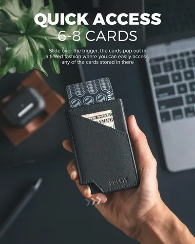 Vista 4 de VULKIT Cartera de tarjetas desplegable con bloqueo RFID, funda delgada de aluminio para tarjetas bancarias con bolsillo para dinero de negocios