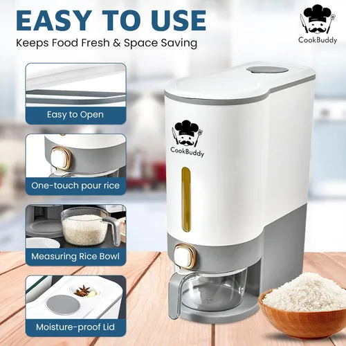 Vista 3 de CookBuddy Dispensador de arroz - Contenedor hermético de almacenamiento de arroz de 25 libras - Dispensador de granos