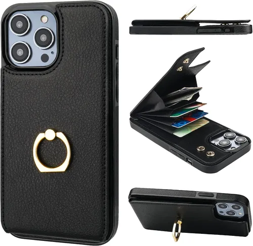 Vista 19 de Folosu Funda tipo billetera compatible con iPhone 14 con soporte para tarjetas, soporte de anillo para dedo con rotación de 360° y función atril