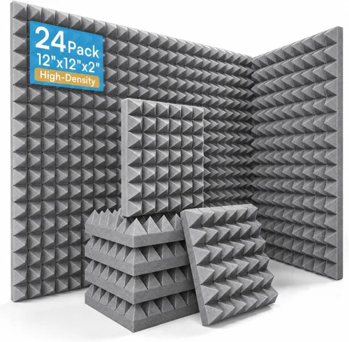 Vista 9 de Paquete de 24 paneles de espuma acústica piramidal, 12 x 12 x 2 pulgadas, color negro Retardante de llama, 66.1 lbs/m³ de alta densidad, 2