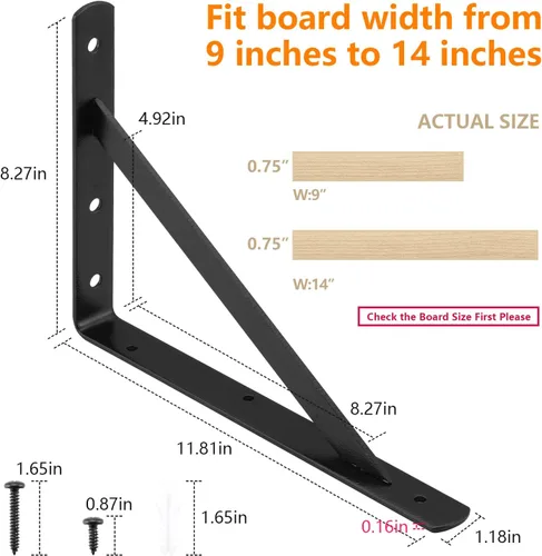 Vista 5 de Soportes de estante de servicio pesado de 12 x 8 pulgadas, paquete de 6 soportes de estantes de metal negro, capacidad de carga: 600 lb, soporte