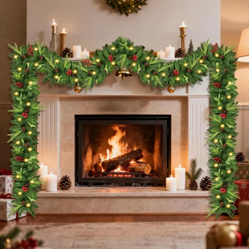 Vista 5 de [Usado] Guirnalda de Navidad, Guirnalda de Navidad Preencendida de 9 pies con Luces, Funciona con Baterías con Piñas y Bayas Rojas, Vegetación