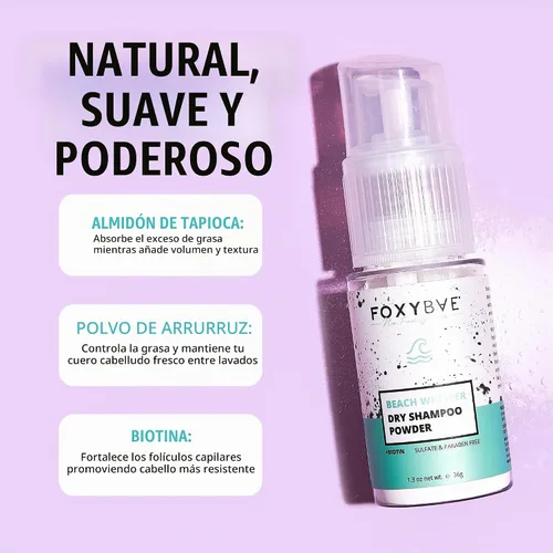 Vista 2 de FoxyBae Champú en polvo seco – Fórmula sin aerosol con biotina, tapioca y arrurruz – Absorbe aceite y añade volumen – Para cabello oscuro, castaño