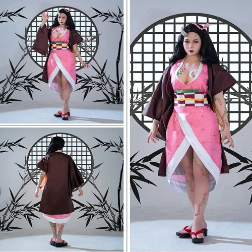 Vista 7 de Nezuko - Disfraz de kimono para niñas adultas, bata de anime japonés, disfraz de kimono de Halloween con accesorios de bambú