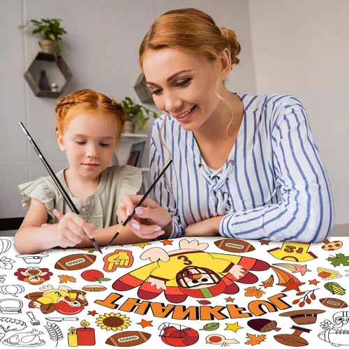 Vista 4 de BZaber Póster gigante para colorear de otoño de Acción de Gracias, 55 x 24 pulgadas, pancarta de dibujo de papel de pavo de fútbol, calabaza, hoja