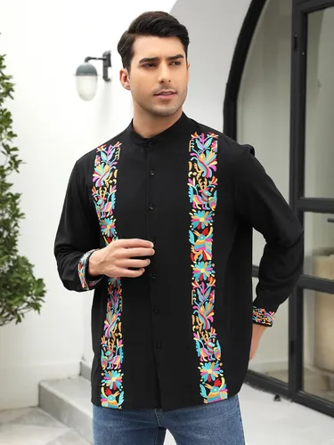 Vista 2 de Camisas mexicanas para hombre, camisa de manga larga bordada con botones y cuello mandarín