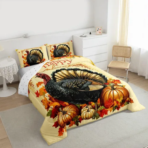 Vista 6 de Erosebridal Juego de edredón individual de pavo de Acción de Gracias, juego de ropa de cama de calabaza con hojas de otoño para niños y adultos