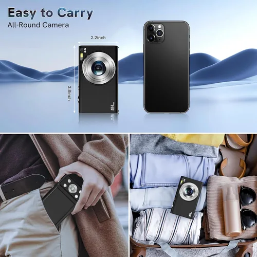 Vista 5 de Cámara digital 4K, enfoque automático, 48 MP, cámara de vlogging HD 16X, cámara digital con zoom digital YouTube, portátil, mini cámara compacta