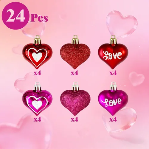 Vista 4 de Emopeak 24 adornos en forma de corazón de San Valentín, adornos románticos para el día de San Valentín, 3 estilos (brillante, brillantina), 3