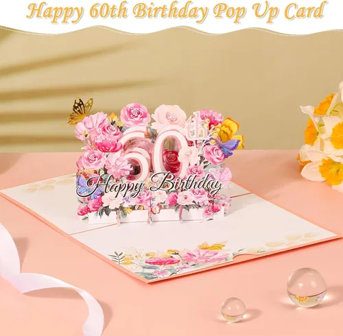 Vista 4 de Tarjeta desplegable de 60 cumpleaños para ella, tarjeta de felicitación desplegable de feliz 60 cumpleaños para mujeres, hermosa tarjeta