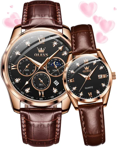 Vista 16 de OLEVS Juego de 2 relojes de cuarzo para parejas de San Valentín, para él y ella, cronógrafo de cuero, con diamantes para hombres, mujeres, amantes