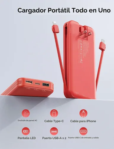Vista 2 de Banco portátil compacto del poder del cargador 10000mAh con los cables incorporados y el enchufe de la pared Rojo-10Ah