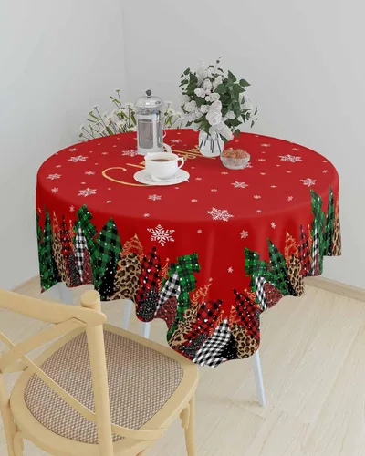 Vista 3 de Mantel de Navidad rojo para mesas redondas rectangulares, 60 x 60 pulgadas, mantel lavable con árbol de Navidad, manteles oblongos impermeables