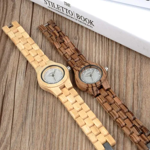 Vista 6 de BOBO Bird Reloj de madera de bambú para mujer, gemas de imitación de diamante, caballero, relojes de madera de cuarzo con caja de regalo