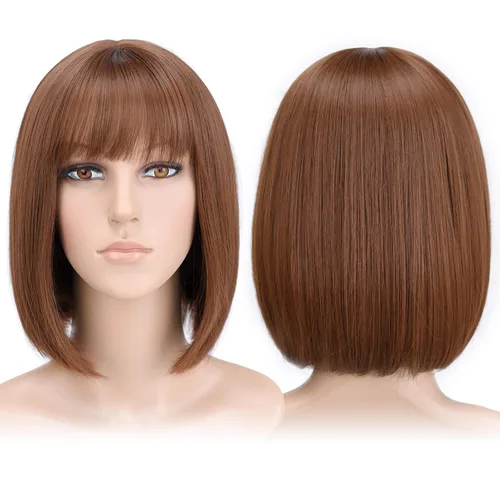 Vista 46 de Pelucas Bob con flequillo, peluca de cabello castaño rojizo de 10 Caoba