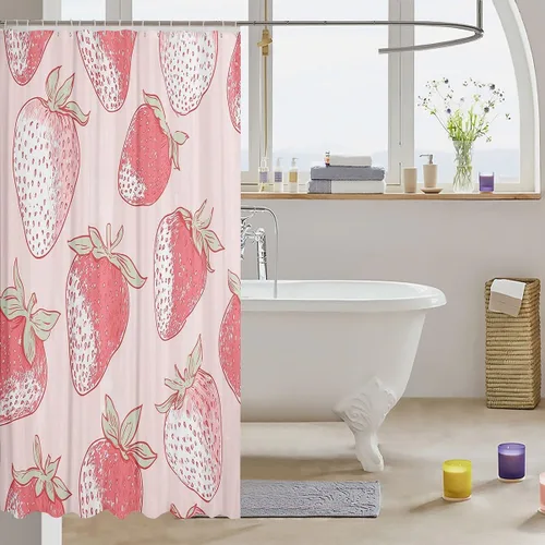 Vista 2 de Erosebridal Cortina de baño de fresa de 72 pulgadas de ancho x 72 pulgadas de largo, cortina de ducha rosa con fresas para niños, niñas y mujeres