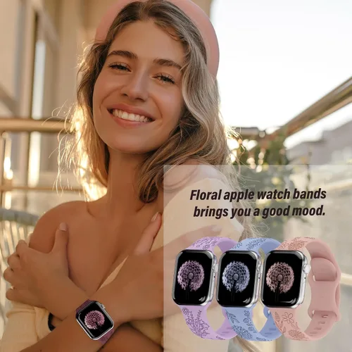 Vista 5 de Paquete de 3 correas grabadas con flores compatibles con Apple Watch de 1.496 pulgadas, 1.575 pulgadas, 1.614 pulgadas, 1.654 pulgadas, 1.732