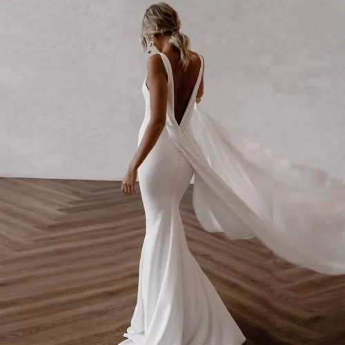 Vista 2 de SHANDUO - Vestido de novia con cuello en V, estilo bohemio, con tirantes delgados, sirena de satén, vestido de noche con cola