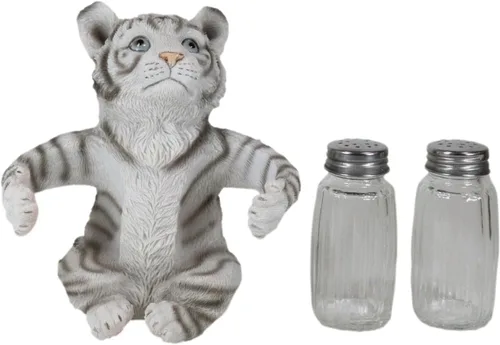 Vista 6 de Ebros Gift Selva tropical selva tropical Albino Blanco Bengala Tiger Cub Hugging Salero y Pimentero Estatua Depredador Tigres del Bosque Gatos