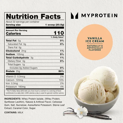 Vista 9 de Myprotein Impact aislado de proteína de suero, 1 kg (40 porciones) Vainilla helado, 22g de proteína, 3.5g de glutamina y 4.5g de BCAA por porción