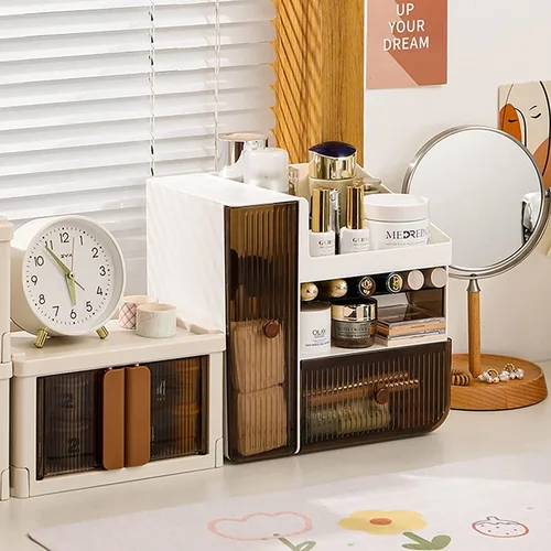 Vista 5 de Organizador de maquillaje de cosméticos, organizador de cuidado de la piel, organizador de cosméticos grande a prueba de polvo, impermeable