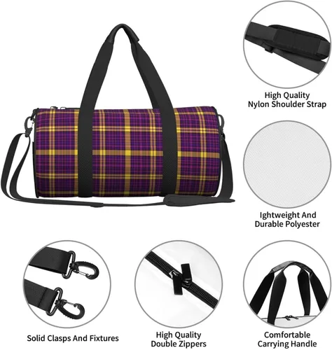 Vista 4 de Large Duffle Bag for Travel - Retro Purple Yellow Plaid Print Gym Bag for Women Men, Travel Foldable Bags for Women Men with Zippered Multiple