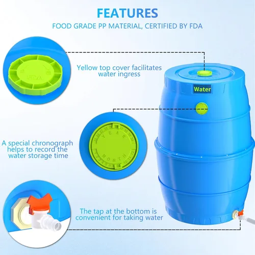 Vista 3 de SQUEEZE master Barril de colección de agua de 50 galones - Barril de almacenamiento de agua potable con canillas - Sistema de suministro de agua
