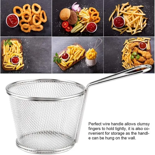 Vista 5 de Mini cesta para freír papas fritas, cesta de malla de alambre de acero inoxidable de 4 pulgadas para el hogar, cocina, colador de alimentos, papas