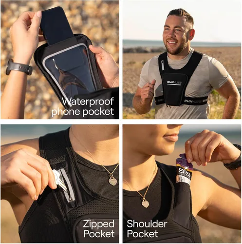 Vista 4 de Chaleco para correr con soporte para teléfono y bolsa impermeable – Cinturón ajustable para pecho de 28 a 44 pulgadas – Equipo reflectante con 2