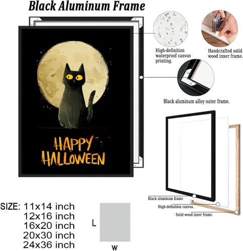 Vista 2 de Bonito arte de pared de gato negro de Halloween, divertido póster de lienzo de luna llena con ojos amarillos y cita de Feliz Halloween