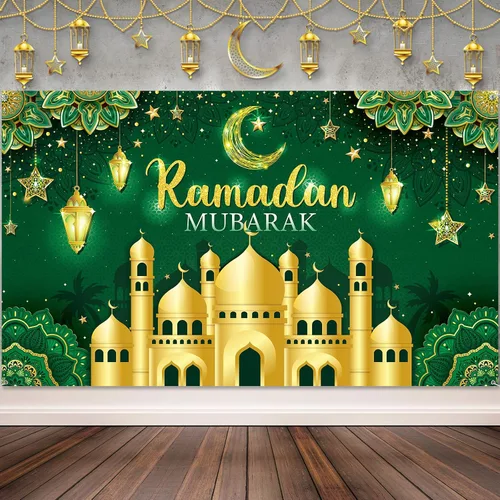 Vista 10 de Boyiee Decoración de Ramadán Mubarak, telón de fondo musulmán Ramadán Kareem, letrero de Eid Mubarak, fondo de cabina de fotos para el hogar, Negro