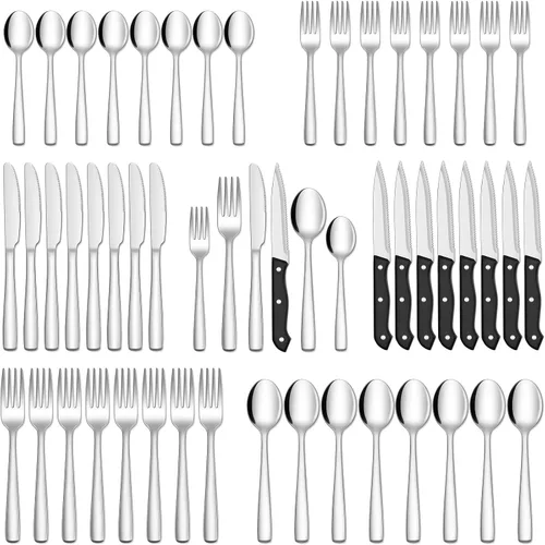 Vista 8 de Hiware Juego de cubiertos negros de 48 piezas para cubiertos de acero inoxidable 18/10 con tenedores, cuchillos, cucharas, cuchillos para carne