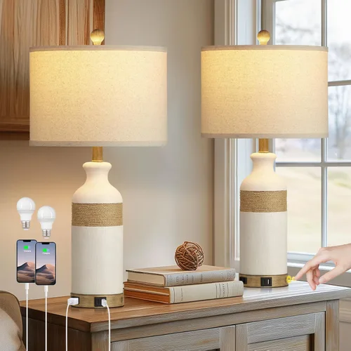 Vista 11 de Touch Table Lamp for Bedroom Nightstand, Cream Farmhouse Vintage Rustic 3-Way Dimmable Bedside Lamps with 2 USB Charging Ports,Single Cream