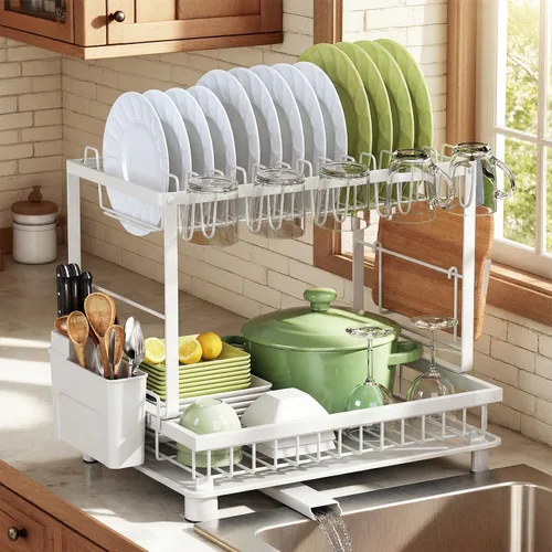 Vista 9 de Escurridor de platos, escurridor de 2 niveles que ahorra espacio, escurridor de platos multifuncional para encimera de cocina con bandeja