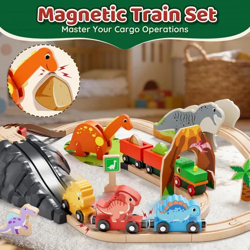 Vista 2 de Lehoo Castle Juego de Tren de Madera - Juego de Tren de Dinosaurio para Niños Pequeños de 2-4 Años, Juguetes de Vías de Tren de Madera y Conjunto