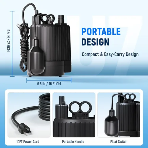 Vista 2 de D-HONOR Sump Pump, Submersible Water Pump 1/3 HP 1600 GPH with Float Switch Automatic Utility Pump for Pool, Pond, Garden, Flooded Basement