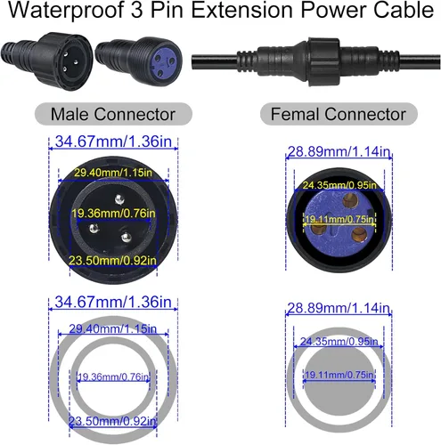 Vista 3 de Cable de alimentación impermeable, 3 pines 13AWG 2.5mm2, conector impermeable, cable de extensión de alimentación, 3.3 ft 3.2 pies IP65 par luz al