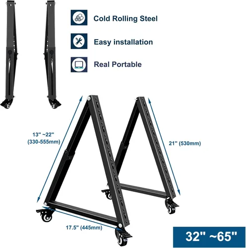 Vista 4 de Soporte de TV móvil de baja altura, carrito de pie para monitor, soporte de TV rodante con rueda para TV de pantalla plana curvada de 32 a 65