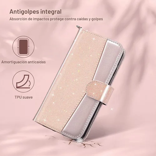 Vista 5 de ULAK Funda tipo cartera para iPhone SE (2022)/SE (2020)/8/7, tarjetero con Brillo