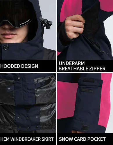 Vista 40 de GSOU SNOW Chaqueta de esquí para hombre, abrigo de nieve para snowboard, cálido, invierno, impermeable, con capucha