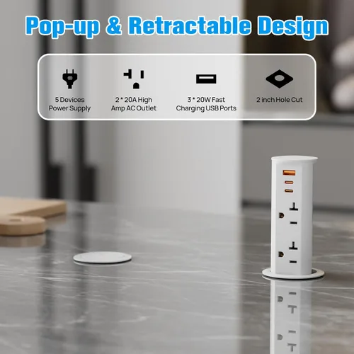 Vista 2 de ANNQUAN 2" 20A Pop Up Outlet para Encimera 20W Puertos USB 2 Salida Blanco