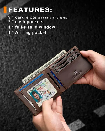 Vista 9 de Billetera AirTag para hombre, de piel auténtica plegable con bloqueo Rfid AirTag con ranuras para efectivo y ventana de identificación, compatible