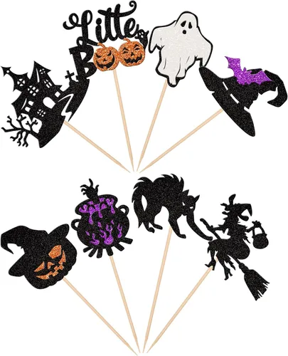 Vista 3 de Rsstarxi Paquete de 24 adornos para cupcakes Little Boo con purpurina, bruja, gato, calabaza, castillo, fantasma, magdalenas, alimentos, decoración