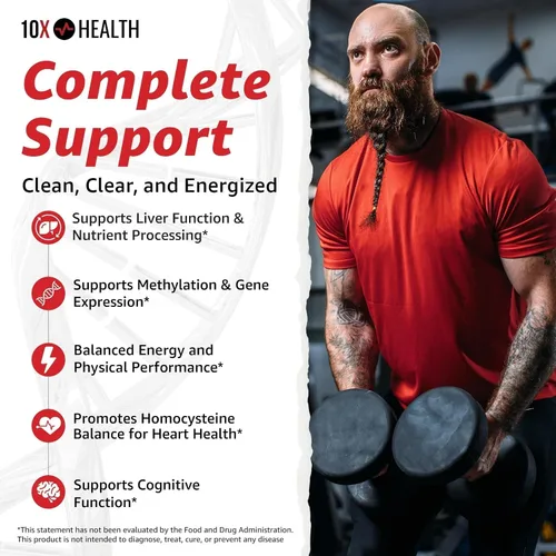 Vista 2 de Suplementos TMG de 10X Health - Suplemento de trimetilglicina para el apoyo al hígado, bienestar del corazón, energía, niveles de homocisteína