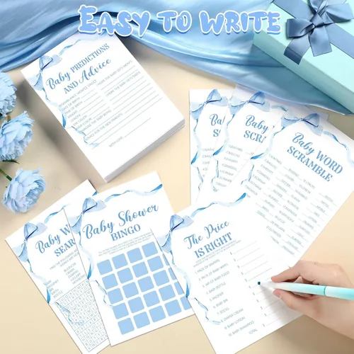 Vista 3 de Ctosree 302 Piezas Juegos de Baby Shower Azul Lazo Precio es Correcto Baby Shower Señales Acuarela, 6 Juegos, 50 Hojas Cada Uno, Predicciones