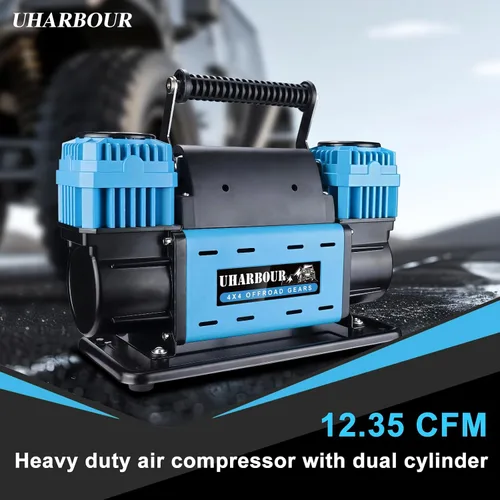 Vista 2 de Uharbour Compresor de aire todoterreno de 12V de doble compresor con manómetro digital de presión, compresor de aire todoterreno de 12 voltios