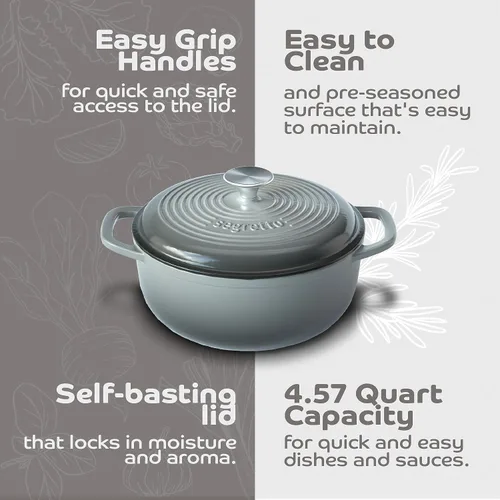 Vista 5 de Segretto Cookware Horno holandés de hierro fundido esmaltado con tapa, 4.57 cuartos de galón, Grigio Scuro (gris degradado) Horno holandés